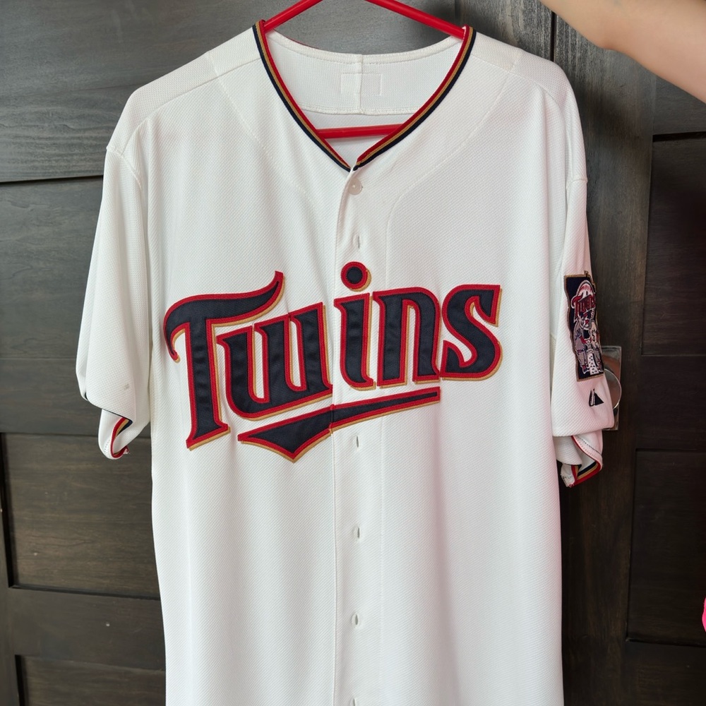 Authentic Majestic Twins White Jersey with Red and Black Accents
